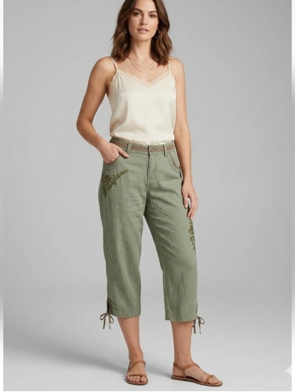 Vintage Y2k Sonoma Cropped Linen Pants Embroidered Army Green Boho Hippie 6